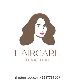 beautiful face female women long hair red lips modern flat clean mascot character logo design vector icon illustration