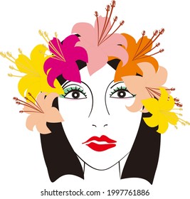 Beautiful face flower, leaf, full color, ilustration women with flower