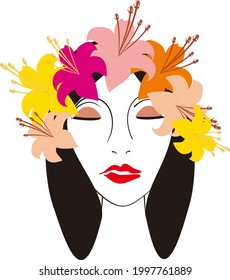 Beautiful face flower, leaf, full color, ilustration women with flower
