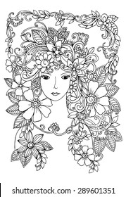 Beautiful face and flowers doodle in black and white