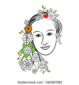 Beautiful face and flowers doodle in black and white