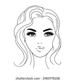 Beautiful face of a girl. Black and white vector illustration