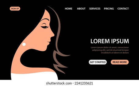 Beautiful face of a girl on a black background. Beauty, glamour, hair dressing salon. Design for poster, banner, website. Vector fashion illustration