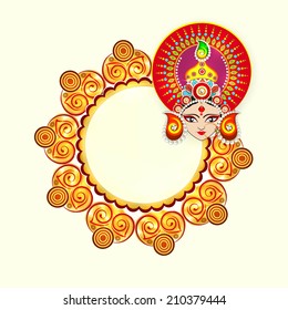 Beautiful face of Goddess Durga wearing crown decorated with colorful pearls and space for your message on Dussehra festival