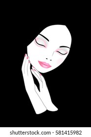 beautiful face and hands of a young girl on a black background