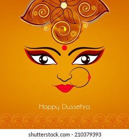 Beautiful face of hindu mythological Goddess Durga on floral decorated background for Happy Dussehra celebrations. 