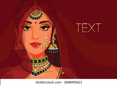 Beautiful face of Indian bride greeting card vector illustration