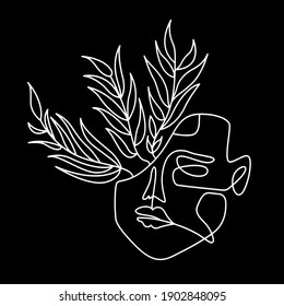 Schöner Face Line Art Vektor mit Naturfloralblättern Weiße Linie Kunst, Kontinuierliche Linie Kunst in elegantem und minimalistisch schwarzem Stil für T-Shirt, Plakate, Textilien, Karten etc.