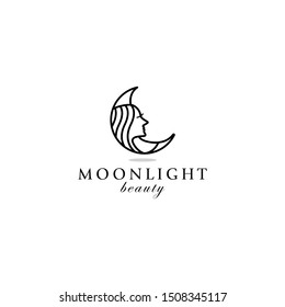 Beautiful Face In The Moon Line Art Logo Vector Icon Ilustration