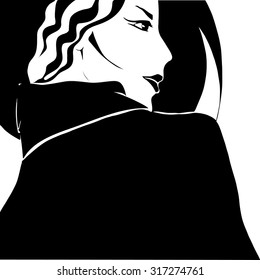 Beautiful wom?n face profile with hat. Black and white illustration.