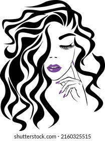 Beautiful face, purple lips, hand with purple manicure nails, fashion woman, element design, nails studio, curly hairstyle, hair salon sign, icon. Beauty Logo. Vector illustration. Hand drawing style.