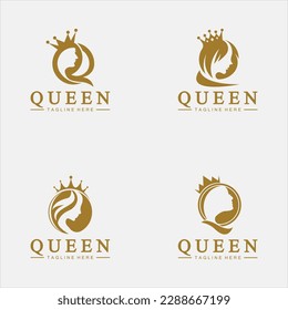Beautiful face queen icon logo.for queen logo.Beauty woman hair salon golden logo. cosmetic, skin care business logo 