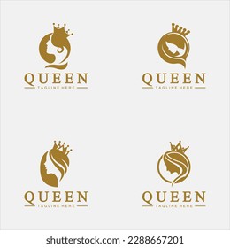 Beautiful face queen icon logo.for queen logo.Beauty woman hair salon golden logo. cosmetic, skin care business logo 