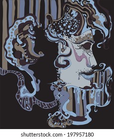 beautiful face. sleeping woman. abstract fantasy background. vector
