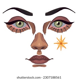 Hermosa cara de una bruja, adivina, adivina. Cláusula de dibujos animados de la mujer que se encuentra aislada en blanco. Ilustración vectorial moderna de Halloween.