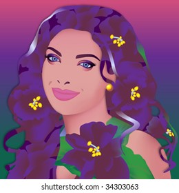 beautiful face of woman with hairs from the flowers of violets on a gradient background