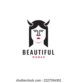 beautiful face woman with horn logo design vector