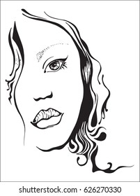 A beautiful face of a young girl. Black and white line. Vector image.