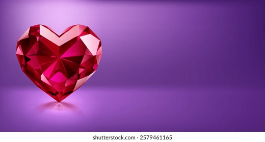 A beautiful faceted red heart-shaped gemstone stands out against a soft purple gradient background, creating a romantic and elegant atmosphere.