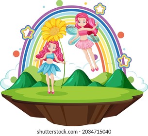 Beautiful fairies character with rainbow on white background illustration