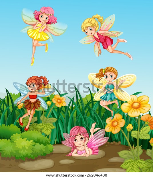 Beautiful Fairies Flying Garden Stock Vector Royalty Free
