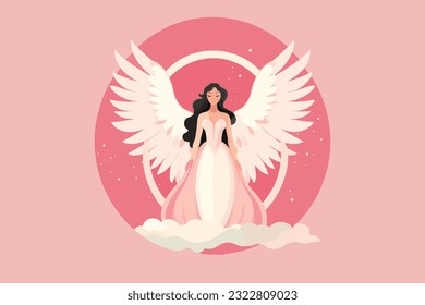 Beautiful Fairy with an Angelic Aura illustration, Angel with wings illustration in pink background