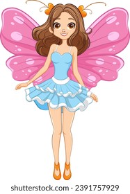 A beautiful fairy with butterfly wings in a cartoon illustration