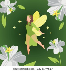 Beautiful fairy with butterfly wings flying among flowers isometric background 3d vector illustration