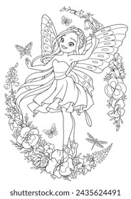 Beautiful fairy with butterfly wings surrounded with flowers. Vector black and white illustration for coloring book page.