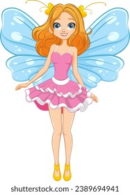 A beautiful fairy with butterfly wings in a whimsical cartoon style