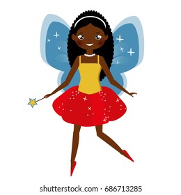 Beautiful fairy character with magic wand. Winged elf princess in pink skirt. African american fairy character. Vector illustration in cartoon style for kids and babies