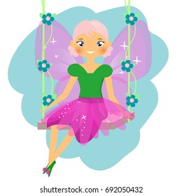 Beautiful fairy character sitting on swing. Winged elf princess in pink skirt. Vector illustration in cartoon style for kids and babies