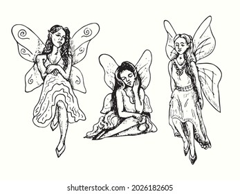 Beautiful fairy collection. Ink black and white doodle drawing in woodcut style illustration