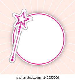 Beautiful fairy concept with magic stick and blank pink frame on rays background.