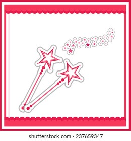 Beautiful fairy concept with magic sticks and red stylish borders on white background.
