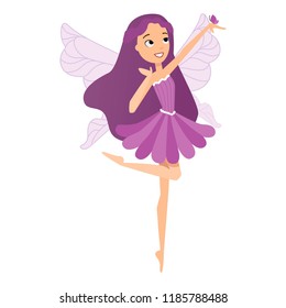 Beautiful fairy dances in her colorful outfits and purple dress