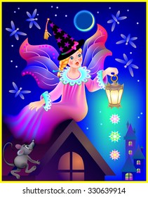 Beautiful fairy dreaming in the nighttime, vector cartoon image