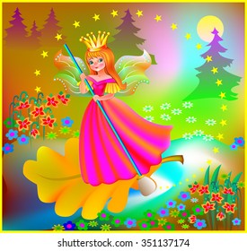 Beautiful fairy floating down the river in the magic forest, vector cartoon image