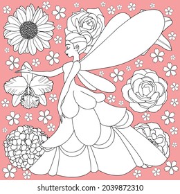 Beautiful fairy with flowers,cartoon,vector illustration Fashionable Princess fairy,coloring book pages