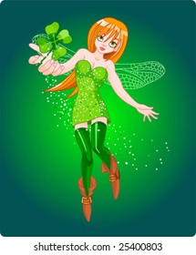Beautiful fairy flying, holding clover leaf. Vector