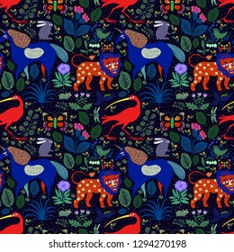 beautiful fairy forest with amazing animals, lions, unicorns, ibis bird, among trees, flowers and butterflies. seamless vector pattern in bright colors, designed for textiles and wallpaper