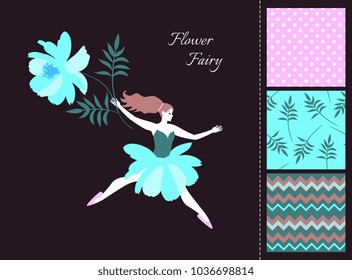 Beautiful fairy girl with blue flower. Card and set of seamless patterns in summer colors. Fashion design for clothing. Vector illustration.