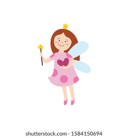 Beautiful fairy girl with crown and magic wand holding a heart, cute cartoon girl in fantasy clothes flying with wings and smiling. Isolated hand drawn flat vector illustration on white background.