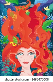 Beautiful fairy girl with red hair  in tropical forest vector illustration and art