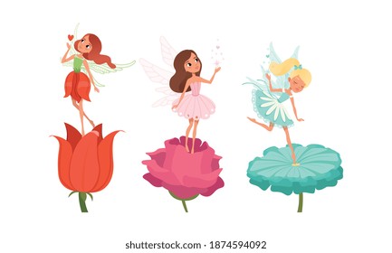 Beautiful Fairy Girls with Wings on Flowers Set, Beautiful Girls Dancing in Pretty Flower Dresses Cartoon Vector Illustration