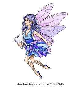 Beautiful fairy holding molar tooth in one hand, hand drawn sketch vector iillustration