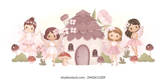 Beautiful Fairy and Fairy House at Garden with Mushrooms and Pink Flowers Background