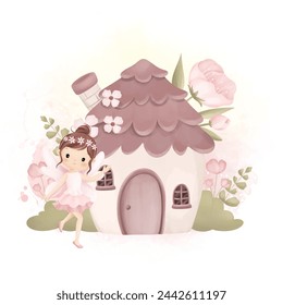 Beautiful Fairy and Fairy House at Garden with Pink Flowers