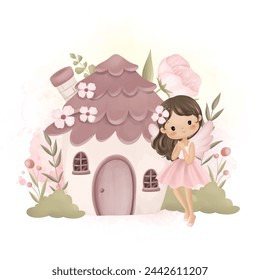 Beautiful Fairy and Fairy House at Garden with Pink Flowers