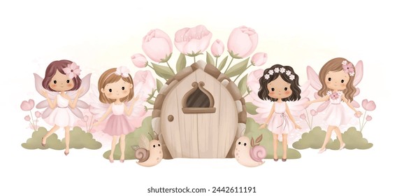 Beautiful Fairy and Fairy House at Garden with Snail and Pink Flowers Background